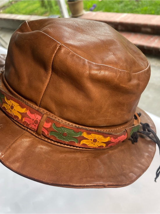 Accessories - Vintage 70’s Brown Leather Hat  with Multicolor Floral Trim